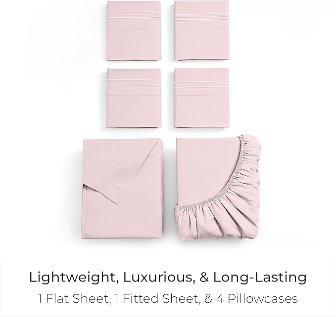 Mellanni Full Sheet Set - 6-Piece Iconic Collection Bedding, (Including 4 Pillowcases), 16-Inch Deep Pocket, Easy Care, Extra Soft, Cooling Sheets, Brushed Microfiber - Blush Pink