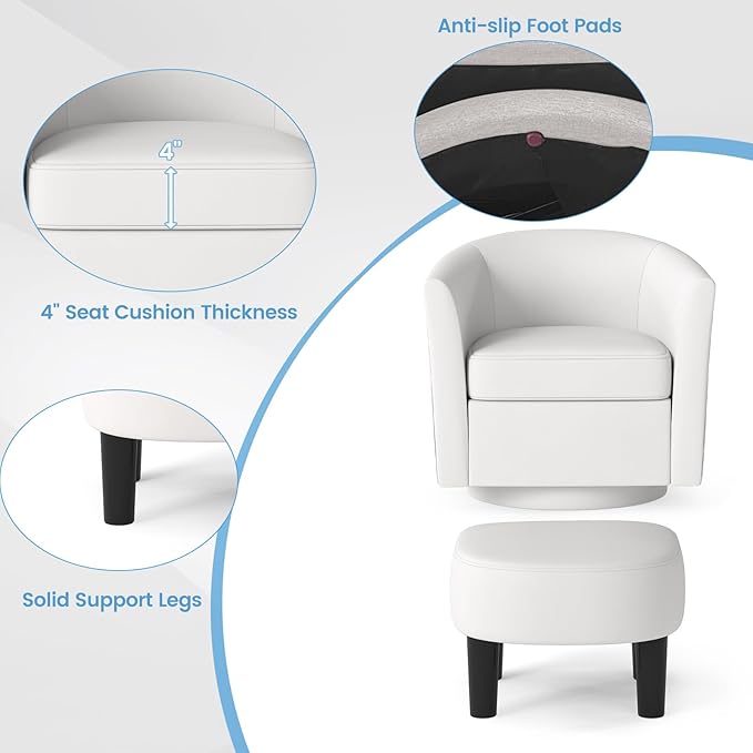 Giantex Swivel Small Accent Chair with Ottoman, Modern Barrel Club Chair w/Footrest, Curved Backrest & Armrests, Removable Seat Cushion, Swivel Single Sofa Arm Chair for Living Room, Bedroom(Creamy)