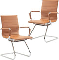 Wahson Office Guest Chairs Set of 2, Leather Reception Chairs, Mid Back Waiting Room Chair, Conference Chairs with Sled Base, Desk Chair No Wheels for Meeting/Lobby/Restroom, Terracotta