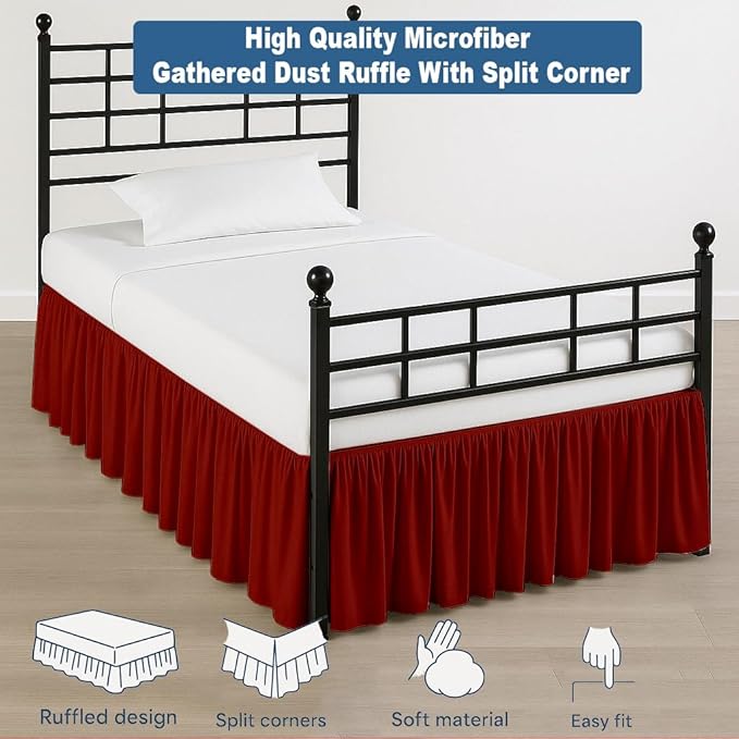 Ruffled Bed Skirt Split Corners with Platform, Tailored Fit Hotel Quality Wrinkle Free Ultra-Soft Microfiber Dust Ruffle, Upto 14 Inch Drop, Twin XL, Burgundy
