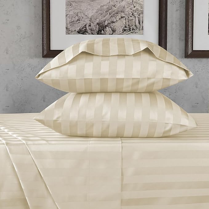 URBANHUT 800 Thread Count 100% Cotton Damask Full Size Sheets, 4 Piece Striped Full Size Bedsheets, Luxury Hotel Sheets Sateen Weave - Better Than Egyptian, 16" Elasticized Deep Pocket- Ivory