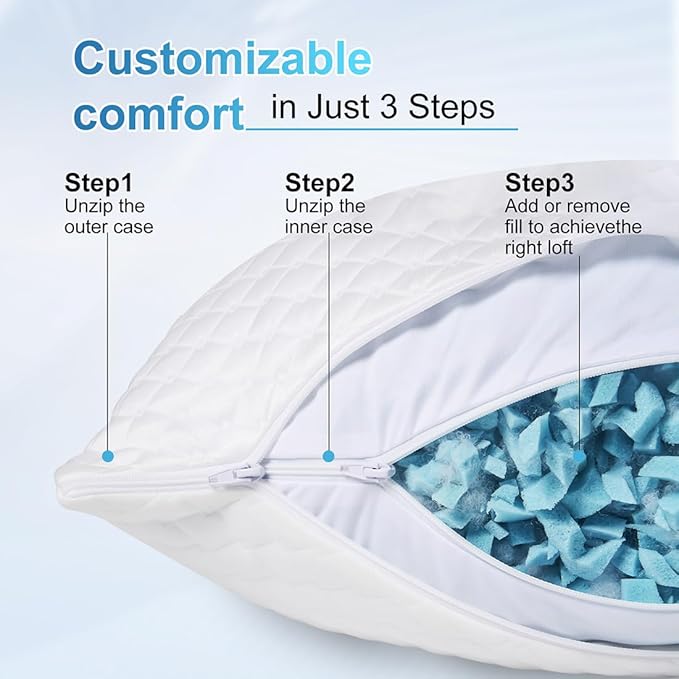 NTCOCO Cooling Bed Pillows for Sleeping Shredded Memory Foam Adjustable Gel for Side Stomach Back Sleepers Washable Removable Cover Standard Size Pack of 1