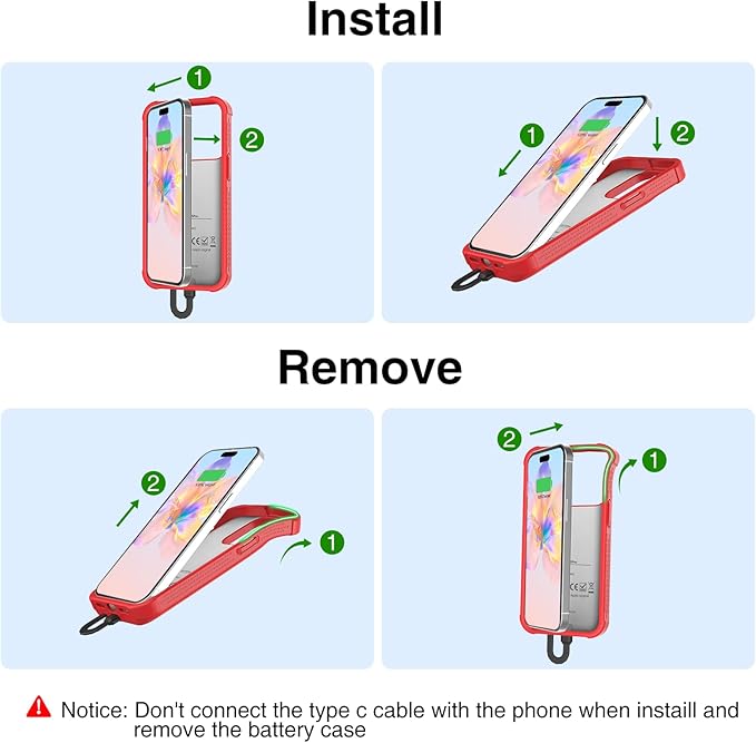 GIN FOXI Fast Charging Battery Case for iPhone 15/15 Pro, 7000mAh 15W Ultra Slim Charger Case Rechargeable Portable Extended Power Bank Case Cover Battery Pack Built-in Cable, Red (6.1”)