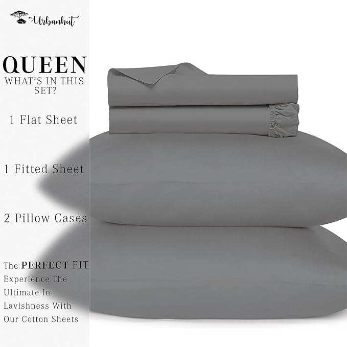 URBANHUT 800 Thread Count 100% Cotton Queen Size Sheets, Luxury 4 Piece Queen Bedsheets, Hotel Sheets Sateen Finish - Better Than Egyptian, 16" Elasticized Deep Pocket - Dark Grey