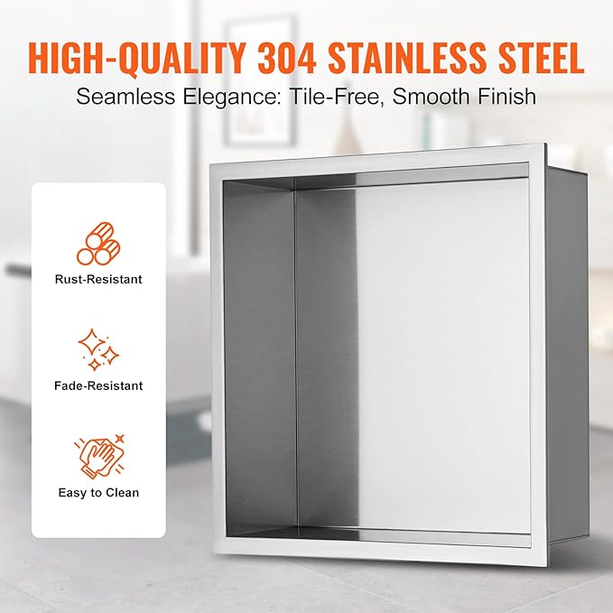 VEVOR Shower Niche No Tile Needed, Stainless Steel Niche for Shower Wall, Sealed Waterproof Rust-Resistant Bathroom Niche for Storage, 13x13'' Single Shelf