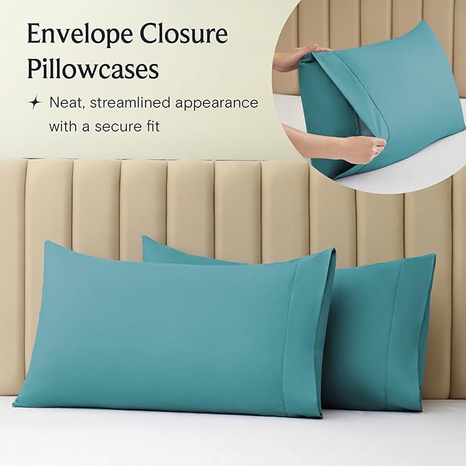 LuxClub 4 PC King Sheet Set, Deep Pockets Wrinkle Free Cooling Bed Sheets Hotel Bedding for Women, Men, Includes 1 Fitted Sheet, 1 Flat Sheet and 2 Pillowcases-Soft Teal