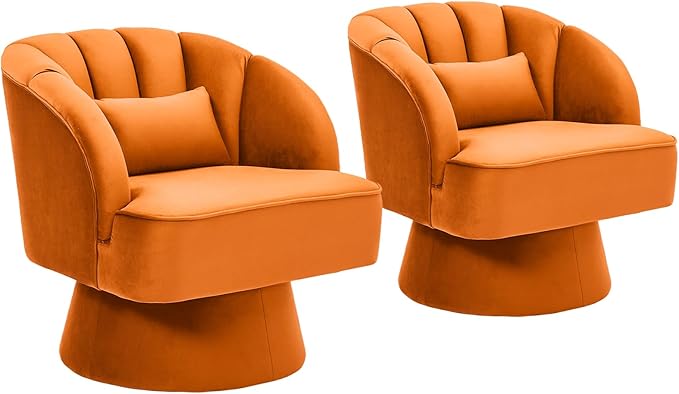 GarveeHome Modern Swivel Barrel Accent Chair, 360° Velvet Upholstered Armchair with Striped Backrest & Plush Padding, Comfy Round Lounge Chair (1, Orange + Velvet)