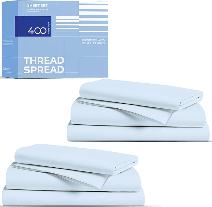 THREAD SPREAD 2-Pack Twin XL Sheet Sets Cotton - 400 Thread Count 100% Cotton Sateen Weave - Soft, Breathable, Hotel Quality Cooling Sheets, 2 Sets of Twin XL Size Deep Pocket Bed Sheets (Light Blue)