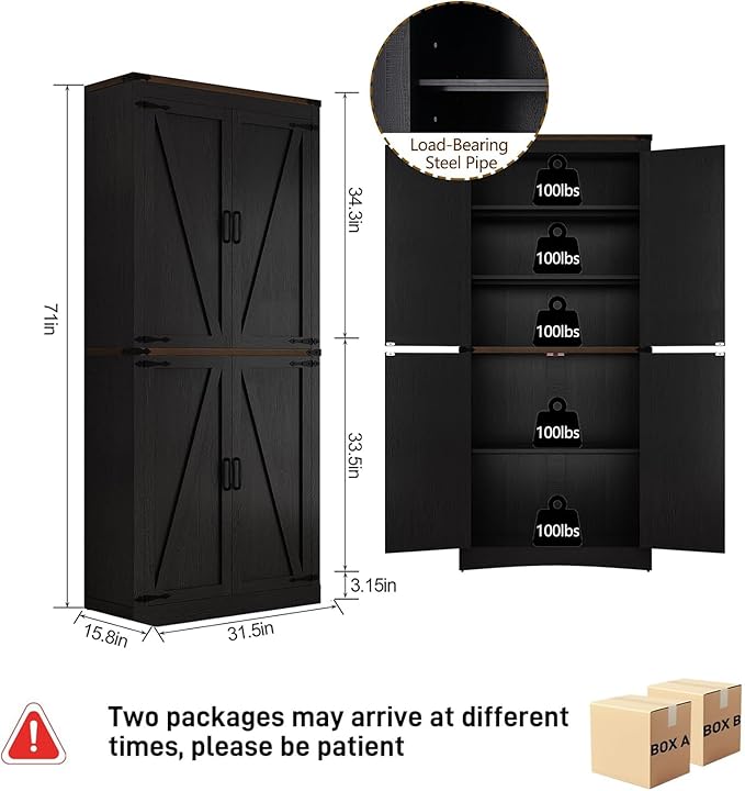 71" Tall Kitchen Pantry,Farmhouse Storage Cabinet with Adjustable Shelves,Load-Bearing Steel Pipe,Farmhouse Pantry Cabinet with 4 Barn Doors,for Kitchen,Dining Room,Living Room(Black)