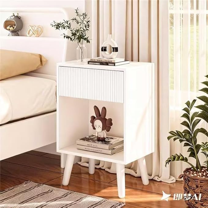 Fluted Nightstand, Modern Bedside Table with Storage Drawers and Open Wood Shelf, Night Stand with Solid Wood Legs, End Tables Side Tables for Living Room, Bedroom White