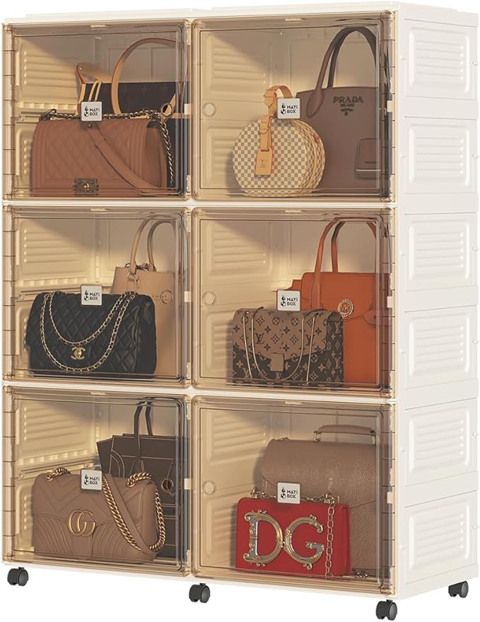 6 Cubbies Handbag Storage Organizer for Closet, Purse Organizer Cabinet with Magnetic Doors & Wheels, Foldable One-Piece Transparent Storage Box for Bags, Boots, Clothes, Toys, Books