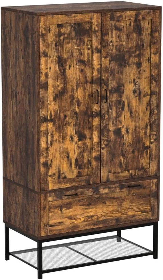 VINGLI 38" W Armoire, Wardrobe Closet with Hanging Rod, Bedroom 71" Freestanding Wardrobe Cabinet with Doors, Adjustable Shelves and Drawer, Open Compartment, Rustic Brown