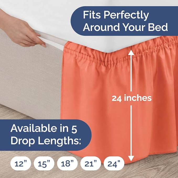 Wrap Around Dust Ruffle Bed Skirt - Coral - for Queen Size Beds with 24 Inch Drop - Easy Fit Elastic Strap - Adjustable Pleated Bedskirt w/Brushed Fabric - Wrinkle Free - for Women, Men, Kids & Teens