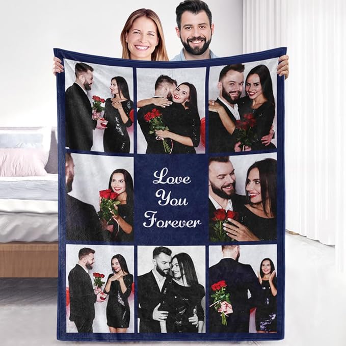 Custom Sherpa Fleece Blanket with Photos & Text - Soft, Warm & Fuzzy Personalized Couples Gifts for Boyfriend & Girlfriend - Customized Picture Blanket for Birthday, Anniversary & Christmas