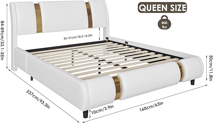 TTVIEW Modern Faux Leather Upholstered Platform Bed Frame with Golden Iron Metal Decor, Adjustable Curved Headboard, Wooden Slats Support, No Box Spring Needed, Queen Size, White