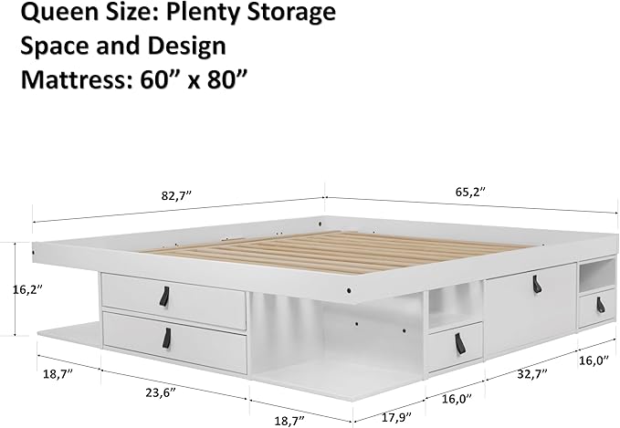 memomad Bali Storage Platform Bed with Drawers (Queen Size, Off White)