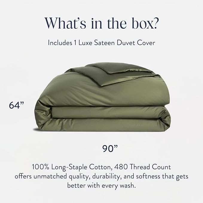 Brooklinen Luxury Sateen Duvet Cover - 100% Cotton, Twin/Twin XL Size in Fresh Moss Green with Extra-Long Corner Ties and Button Closure - Best Twin/Twin XL Duvet Covers