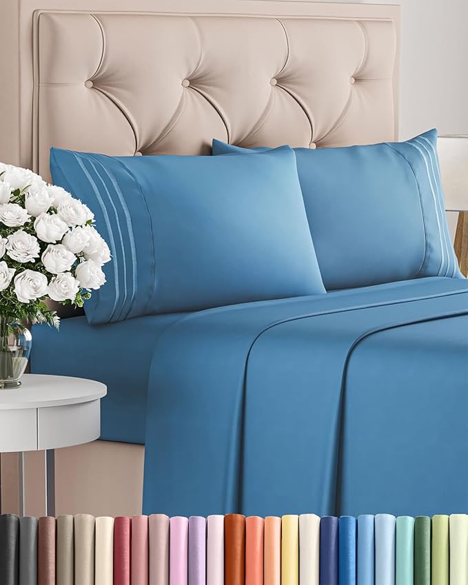 King Size 4 Piece Sheet Set - Comfy Breathable & Cooling Bed Sheets Set - Hotel Luxury Bedding for Women, Men, Kids, Teens, Boys & Girls - Deep Pockets, Soft and Wrinkle Free - Oeko-Tex - Denim Blue