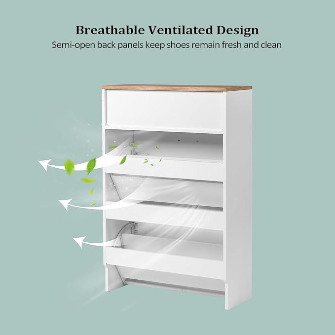 VINGLI Shoe Cabinet Storage for Entryway Ultra Slim with 2 Flip &1Drop-Down Drawers, 24.8" W Narrow Shoe Cabinet for Front Door Entrance,Freestanding Modern White Wood Shoes Organizer for Hallway