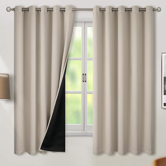 BGment Thermal Insulated 100% Blackout Curtains for Bedroom with Black Liner, Double Layer Full Room Darkening Noise Reducing Grommet Curtain (60 x 63 Inch, Cashmere, 2 Panels)