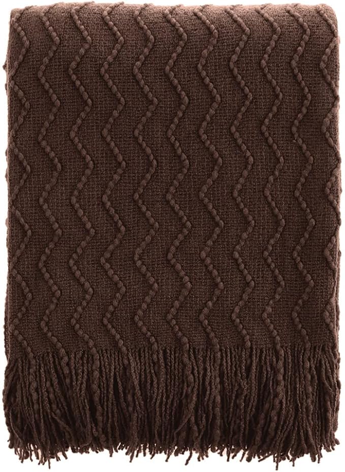 BATTILO HOME Dark Brown Throw Blanket for Couch, Boho Throw Blanket for Home Decor, Decorative Chocolate Knit Throw Blankets for Chair Sofa, Bed, 50"x60"