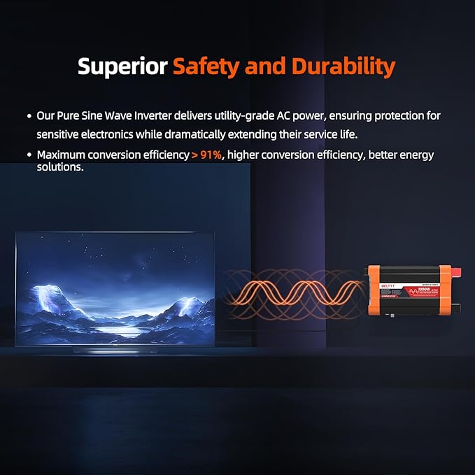 BELTTT 1000Watt Pure Sine Wave Inverter 12V DC to 120V AC for RV, Truck, Off-Grid Solar Car Power Inverter 12V to 110V Converter with Dual AC Socket and 5V 2.1A USB, Intelligent LCD, 2000W Peak