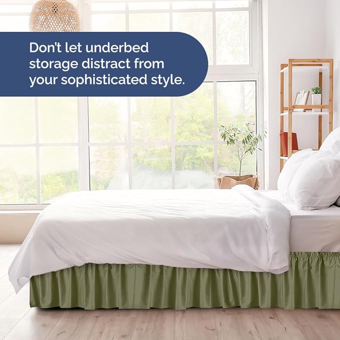 Wrap Around Dust Ruffle Bed Skirt - Sage Green - for Queen Size Beds with 18 Inch Drop - Elastic Strap - Adjustable Pleated Bedskirt with Brushed Fabric and Wrinkle Free - For Women, Men, Kids & Teens