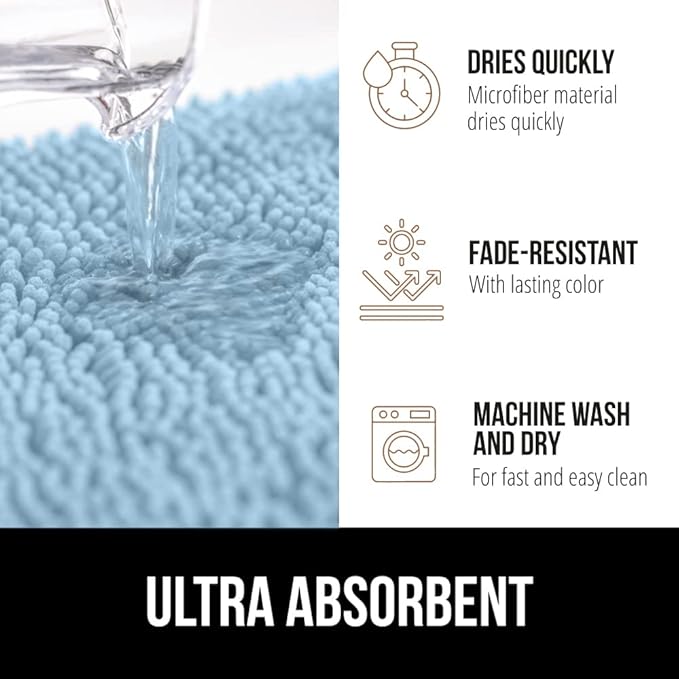 GORILLA GRIP Bath Rug Mat, Thick Soft Absorbent Chenille, Quick Dry Microfiber Mats, Rubber Backing Washable Shower Floor Rugs, Bathmat Runner, US Designed Bathroom Home Decor Accessories 24x17, Sky