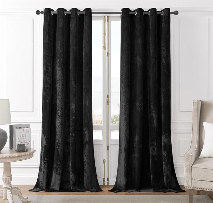 SMILETIME Black Crushed Velvet Curtains 52x96 inch Luxurious Thermal Insulated Soundproof Drapes for Living Room Bedroom Office Soft and Durable Light-Filtering Window Treatments, 2 Panels