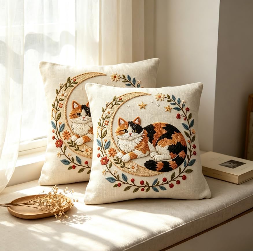 18x18 Inch Calico Cat Linen Throw Pillow Covers Set of 2 - Image 6