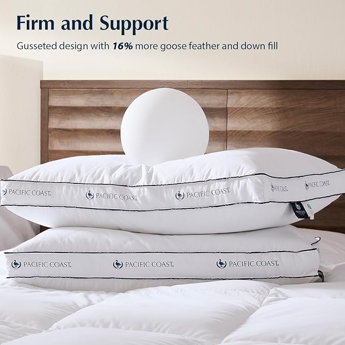 Pacific Coast Firm Bed Pillow, Luxury Hotel Collection Goose Feather and Down Pillow for Sleeping, Standard Size with Gusset Design, Oeko-TEX Certified, Supportive for Side and Back Sleepers