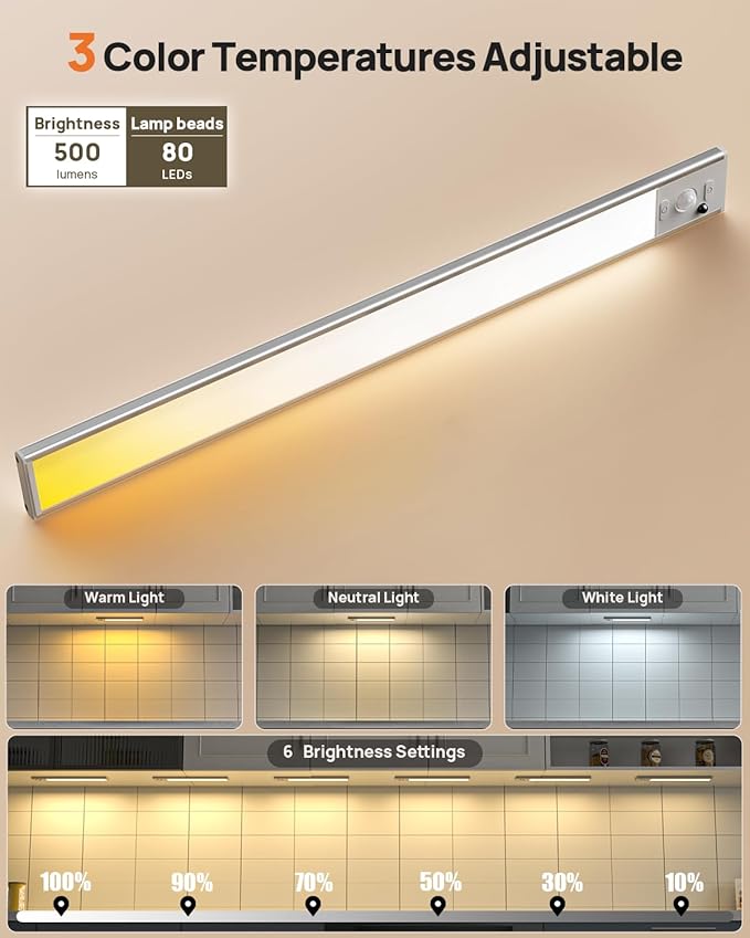 Under Cabinet Lighting Wireless,16 inch LED Motion Sensor Light Indoor, USB Rechargeable Closet Lights with Remote Control, 3 Color Temps Under Counter Lights for Kitchen, Wardrobe, Stairs, 4 Pack