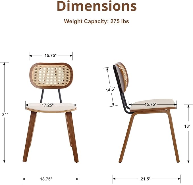 HEAH-YO Modern Dining Chairs Set of 4, Upholstered Faux Leather Dining Room Chairs with Rattan Backrest and Wood Legs, Armless Wood Kitchen Chairs for Dining Room, Beige