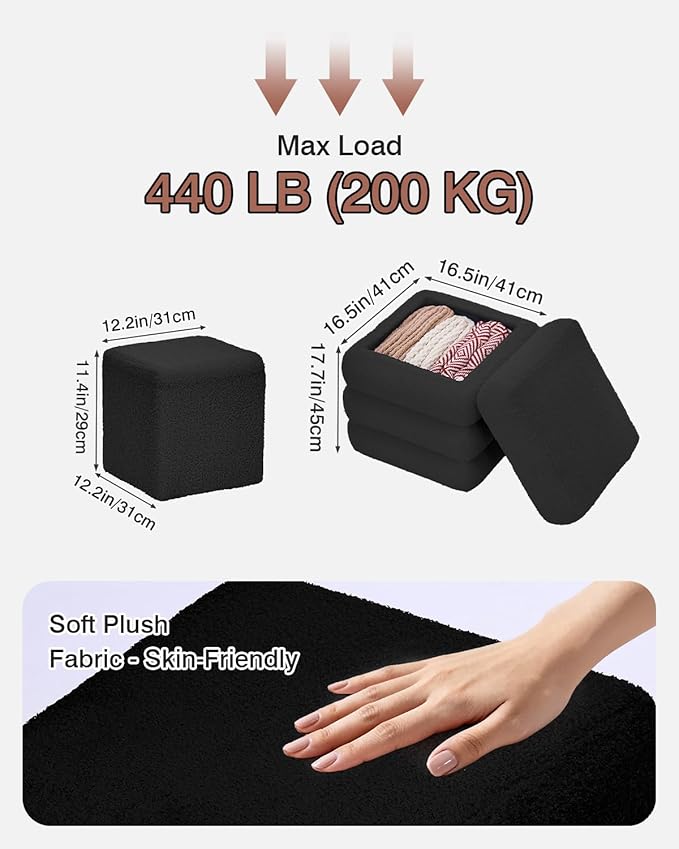 Sqare Set of 2 Sherpa Storage Ottoman Stool Boucle Vanity Stool Footstool with Removeable lid Load up to 440 lbs for Livingroom Bedroom Black UASND69B