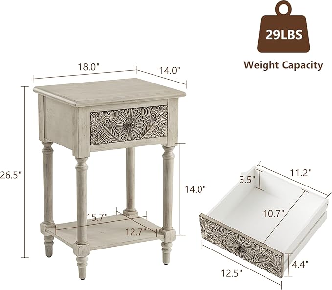 COSIEST 2 Pieces Vintage Nightstand, MDF 2-Tier Bedside Table, Wood Accent End Table with Storage Drawer and Open Display Shelf for Bedroom Living Room