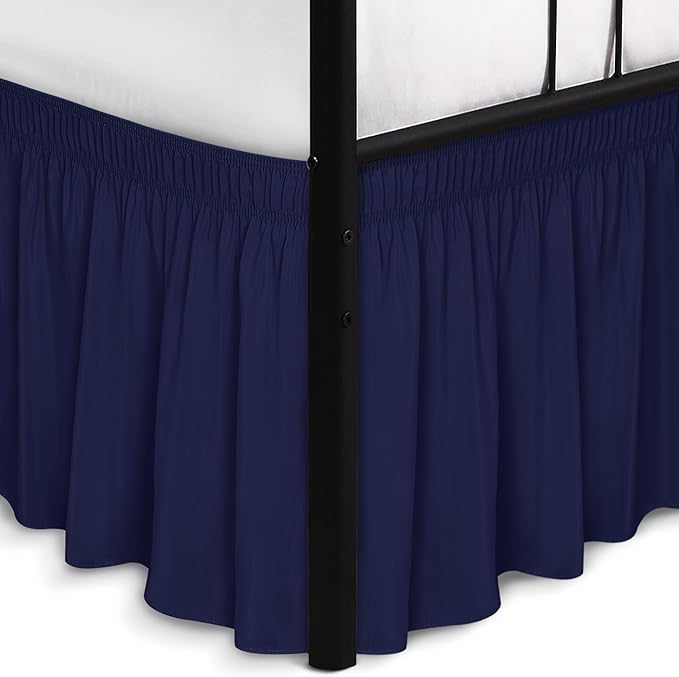 Biscaynebay Wrap Around Bed Skirts with Split Corners for King Beds 17" Drop, Navy Elastic Dust Ruffles Easy Fit Wrinkle & Fade Resistant Silky Luxurious Fabric Solid Machine Washable