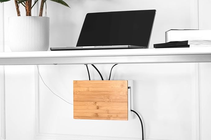 Bamboo Cable Management Box with Magnetic Lid - 12,6x7,9x4.3 in - Durable Cable Organizer to Hide Cords & Power Strip - Wall Mountable - Including Hardware - for Home, Office, Desk & More (White)