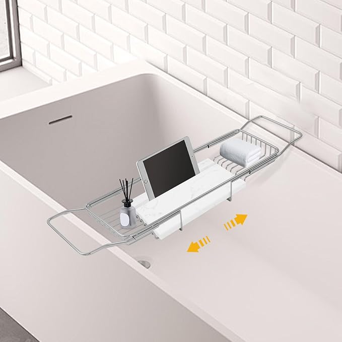Bathtub Tray & Bathtub Caddy, Expandable Stainless Steel Bath Tub Table with Reading Holder, Adjustable Over The Tub Tray for Bathroom Accessories and Organization