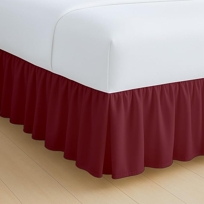 Rajlinen Ruffled Bed Skirt King, 8 Inch Drop Dust Ruffle with Split Corners, 100% Microfiber Bedskirt with Platform, Three-Sided Coverage Ruffled Gathering Design, Burgundy