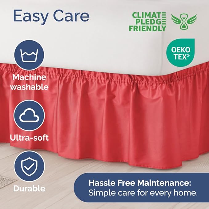 Wrap Around Dust Ruffle Bed Skirt - Red - for Queen Size Beds with 21 Inch Drop - Easy Fit Elastic Strap - Adjustable Pleated Bedskirt w/Brushed Fabric - Wrinkle Free - for Women, Men, Kids & Teens