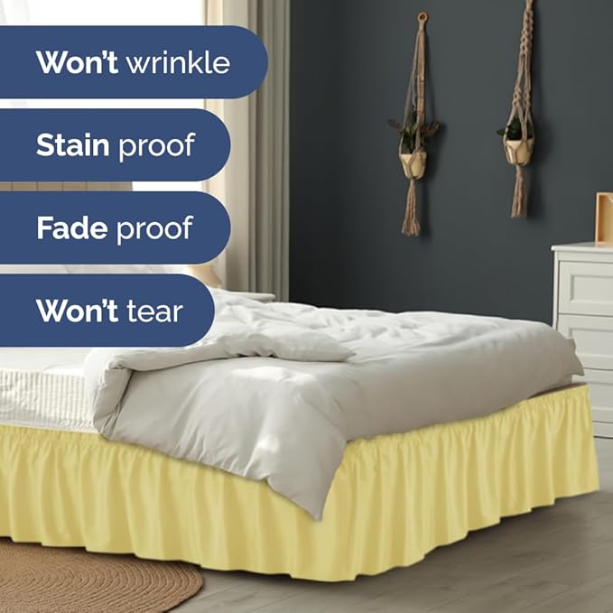 Wrap Around Dust Ruffle Bed Skirt - Yellow - for Full Size Beds with 24 Inch Drop - Easy Fit Elastic Strap - Adjustable Pleated Bedskirt w/Brushed Fabric - Wrinkle Free - for Women, Men, Kids & Teens