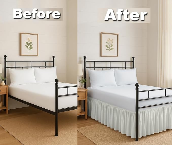 Ruffled Bed Skirt Split Corners with Platform, Tailored Fit Hotel Quality Wrinkle Free Ultra-Soft Microfiber Dust Ruffle, Upto 18 Inch Drop, Full, Ivory