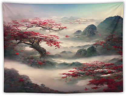 Houselerax Japanese Tapestry, Red Plum Cherry Blossom Mountain Tapestries, Asian Japanese Wall Decor, Nature Landscape Tapestries for Bedroom Living Room Decor 40"x30"