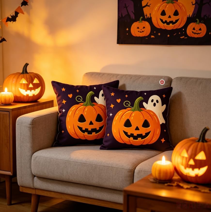 Halloween Decorations Throw Pillow Covers, Jack-O-Lantern Pumpkin and Ghost - Image 2