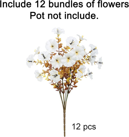 Fake Mums Artificial Fall Flowers Fake Plants for Outdoors Autumn Decor, 12 Bundles White Silk Morning Glory with Eucalyptus Look Real UV Resistant Faux Flowers for Outside Planters Front Door Yard