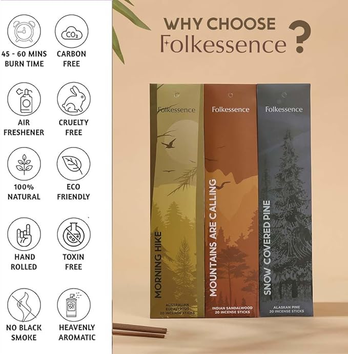 Folkulture Incense Sticks | Set of 6 (120) Insence-Sticks with 45 Mins Burn Time | Non Toxic Sandalwood, Eucalyptus, Cedar, Palo Santo | Organic White Sage Inscents