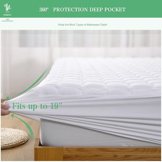 UNILIBRA Twin Mattress Protector Waterproof Rayon from Bamboo, Deep Pocket Mattress Pad Cover Fit up to 6''- 19'', Breathable Soft Filling Quilted Fitted Mattress Topper