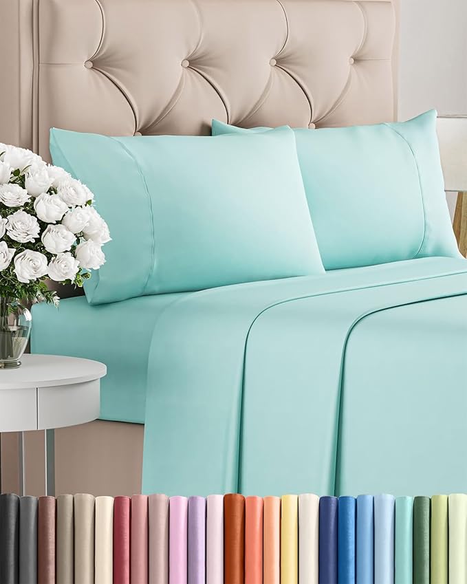 Twin XL 4 Piece Sheet Set - Cooling, Comfy & Breathable - Hotel Luxury Bedding, Includes Fitted Sheet for Women, Men, Kids & Teens - 1 Flat, 1 Fitted Sheet, 2 Pillowcases with Deep Pockets - Spa Blue