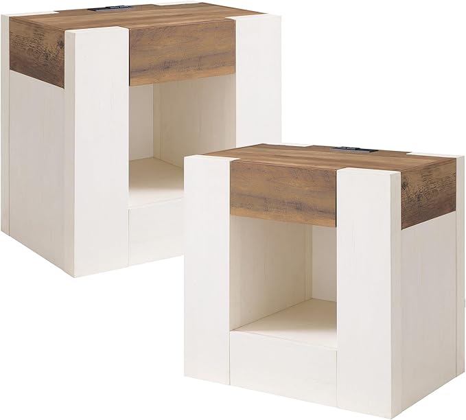 OKD Modern Nightstand with Charging Station, 24" Large Bedside Table, Rustic End Table with Drawers & Open Shelf for Bedroom/Living Room, Night Stand Wood Thick Design,Antique White