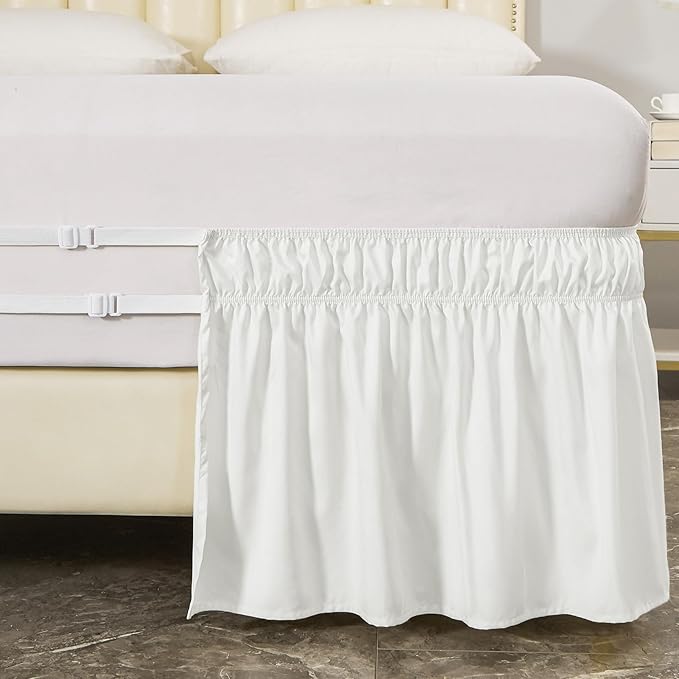 MEILA Wrap Around Bed Skirt Three Fabric Sides Elastic Dust Ruffled 16 Inch Tailored Drop,Easy to Install Fade Resistant-Natural White, Twin/Full
